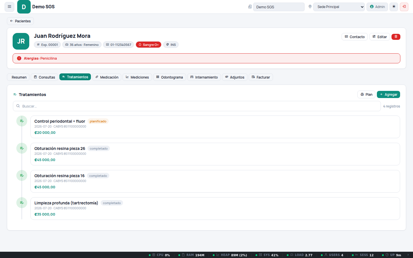 Tratamientos — captura del sistema